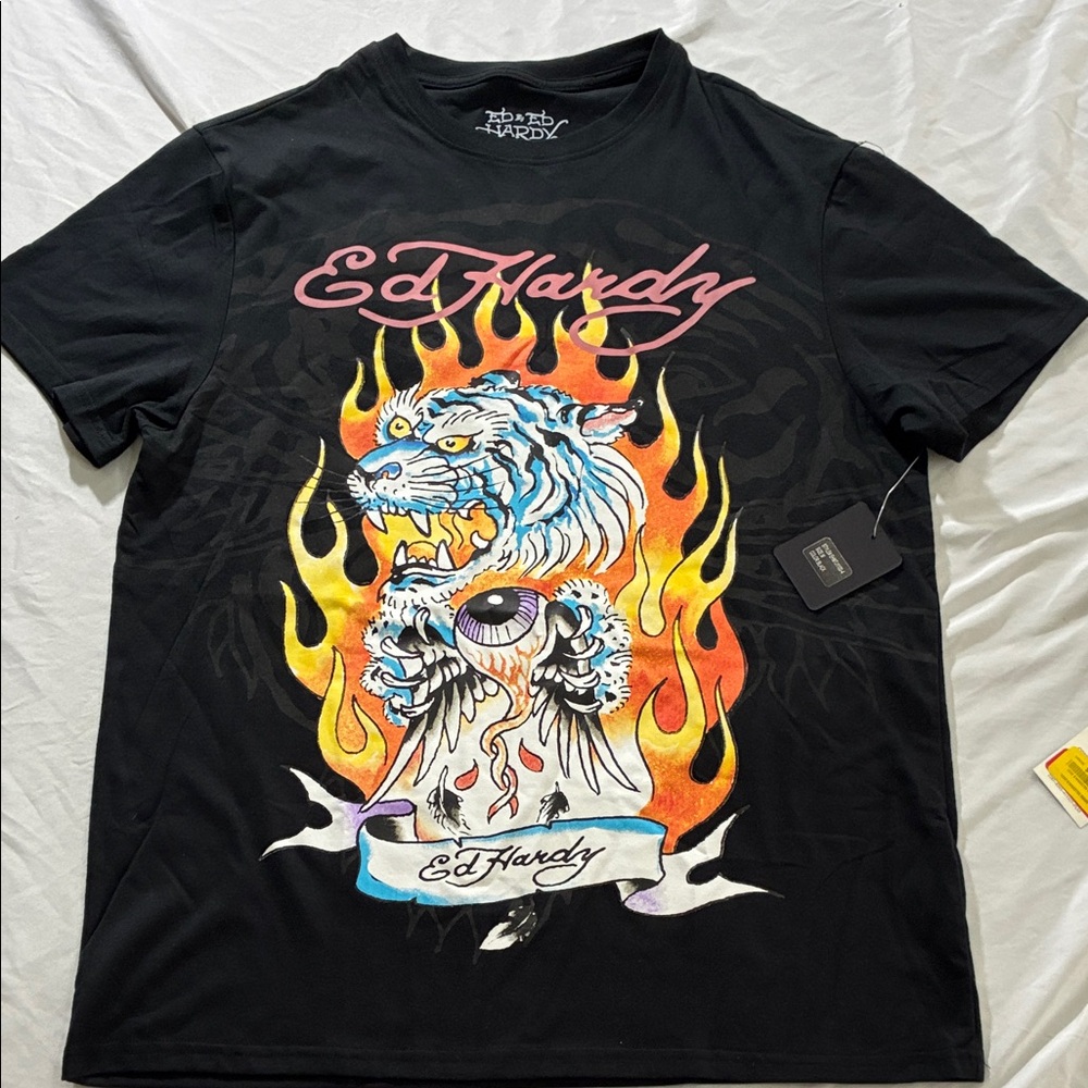 Ed Hardy Black Tee Tiger Flame Tattoo medium NWT